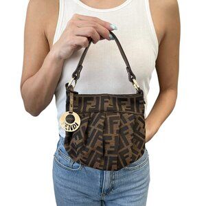 FENDI Vintage FF Logo Charm Zucca Canvas Mini Chef Hobo Bag Brown Black [106073]